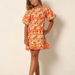 VERO MODA GIRL Orange Cotton Floral Print Dress-image-88