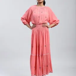 Label Ritu Kumar Coral Embroidered Fit & Flare Dress-image-69