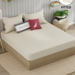 Nautica Marina Bay Ivory Cotton Geometric 250 TC King Fitted Bedsheet with 2 Pillow Covers-image-33