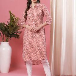 Globus Off-White & Pink Cotton Printed Straight Kurta-picture-35