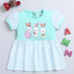 Bumzee Kids Green & White Cotton Printed Frock-image-27