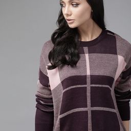Roadster Women Purple & Pink Checked Pullover Sweater-image-98