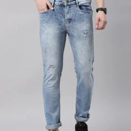 CINOCCI Sky Blue Cotton Slim Fit Distressed Jeans-image-40