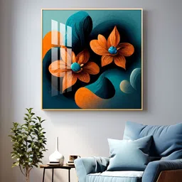 THE NEXT DECOR Orange and Blue Blossom Fusion Glass Finish Square Wall Art-image-7