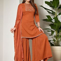 SZN Floral Printed Thread Work Pure Silk Straight Kurta With Sharara & Dupatta-picture-10