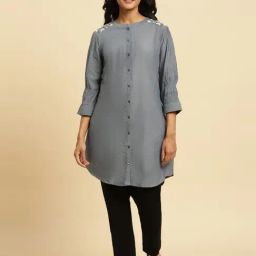 W Grey Cotton Embroidered Straight Kurti-image-59
