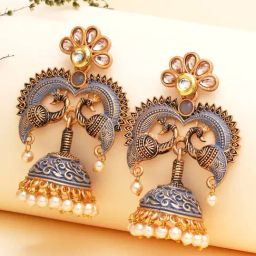 Karatcart Antique Gold-Plated Grey Designer Peacock Jhumki Earrings for Women-4
