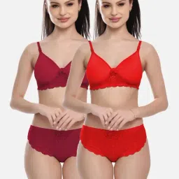 FIMS Red & Maroon Lace Work Bra Panty Sets - Pack Of 2-image-97