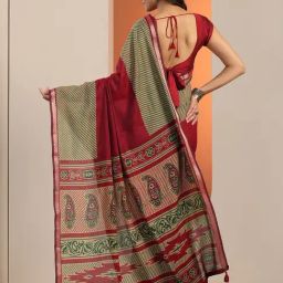 Libas Red Printed Saree With Unstitched Blouse image 2