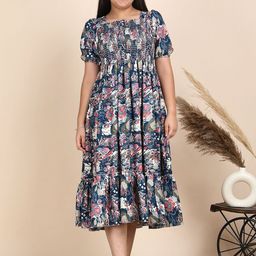PTVIZE Girls Floral Printed Smocked Cotton Fit & Flare Midi Dress-image-54