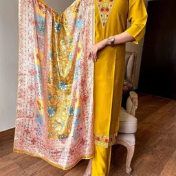 Lilots Yoke Design Chanderi Silk V Neck Kurta With Trousers & Dupatta-12