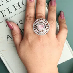 DIVASTRI Women Rhodium-Plated White & Pink CZ Studded American Diamond Adjustable Ring-picture-24