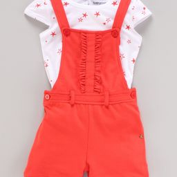 Babyoye Cap Sleeves Top & Solid Dungaree Set Star Print - Red-image-36