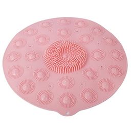KolorFish Non-Slip Silicone Round PVC Bathroom Shower Mat with Foot Brush & Suction Cups and Drain Holes - Pink-19