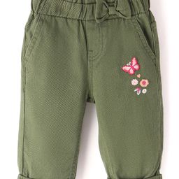 Babyhug Cotton Spandex Woven Mid Calf Length Stretchable Capris with Bow Applique & Butterfly Embroidery - Olive Green-image-58