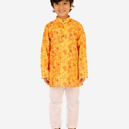 Superminis Pure Cotton Full Sleeves Seamless Jaipuri Floral Printed Kurta With Pyjama - Mustard Yellow-27