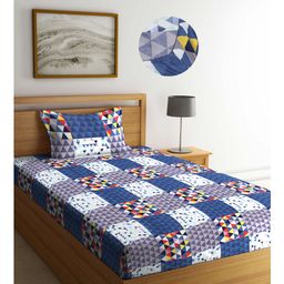 Arrabi Blue Geometric TC Cotton Blend Single Size Fitted Bedsheet with 1 Pillow Cover - Blue-image-94