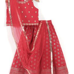 Babyhug Sleeveless Embroidered Choli with Foil Printed Lehenga and Dupatta Set - Red-image-80