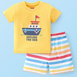 Babyhug Single Jersey Knit Half Sleeves Short Set Striped & Boat Print - Yellow-image-79
