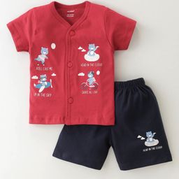 CUCUMBER Cotton Knit Half sleeves Night Suit With Teddy Print - Mulberry Red-picture-15