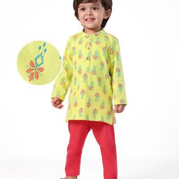 EARTHY TOUCH Single Jersey Knit Full Sleeves Printed Kurta & Pyjama Set - Limegreen-image-56