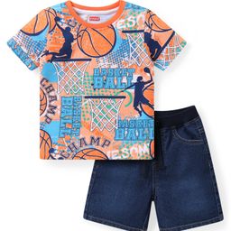 Babyhug Single Jersey Knit Half Sleeves T-Shirt & Shorts Set with Basketball Theme  Print - Multicolour-image-69