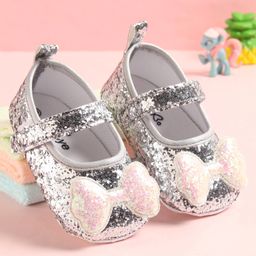 Babyoye Velcro Closure Sequinned Booties with Bow Applique - Silver-image-69