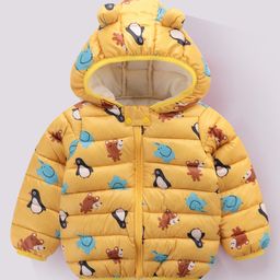 Kookie Kids Full Sleeves Front Open Padded Hooded Quilted Jacket With Penguin Print & Ears Applique - Yellow-picture-23