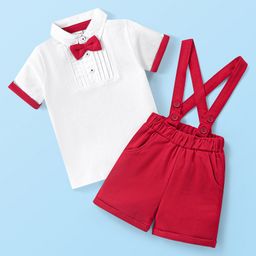 Babyhug Cotton Woven Half Sleeves  Polo T-Shirt &  Shorts Set With Bow & Suspender - White & Red-image-73
