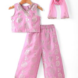 Babyhug Sleeveless SequinnedEmbroidered Top with Sharara & Dupatta Indowestern Set - Pink-image-105