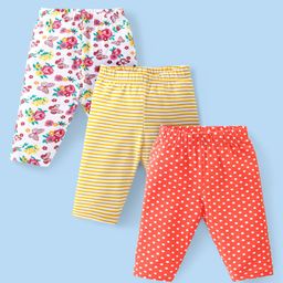Babyhug Cotton Lycra Three Fourth Leggings Striped Polka Dot & Floral Print Pack of 3 - White Yellow & Red-image-122