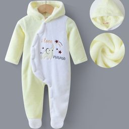 Kookie Kids Full Sleeves Front Open Hooded Footed Romper with Text & Elephant Embroidery - Yellow-image-23