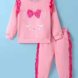 Kookie Kids Fleece Knit Full Sleeves Winter Wear Suit With Frill & Bow Detailing - Pink-picture-45