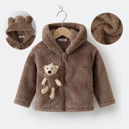 Kookie Kids Full Sleeves Front Open Hooded Fur Winter Jacket with Teddy Bear Applique - Brown-12