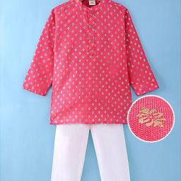 Saka Designs Cotton Woven Full Sleeves Kurta Pyjama Set with Floral Foil Print - Dark Pink-image-95