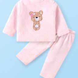 Babyhug Velour Knit Full Sleeves Winter Night Suit With Teddy Bear Print - Pink-image-50
