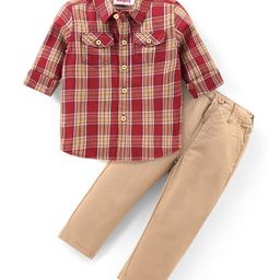 Babyhug Cotton Woven Full Sleeves Checkered Shirt & Trouser Pants Set - Dark Red & Khaki-image-2