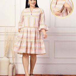 Zelena 100% Hand Loom Cotton Three Fourth Bell Sleeves Abstract Printed Maternity Dress With Nursing Access - Pink-picture-4