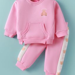 Little Kangaroos Fleece Knit Winter Wear Full Sleeves Bear PrintedT-Shirt with Kangroo Pockets & Joggers Set - Pink-image-8
