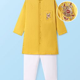 EARTHY TOUCH Cotton Lurex Woven Full Sleeves Kurta Pajama Set with Floral Embroidery - Mustard-image-80