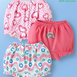 Babyoye Cotton Elastane Knit Bloomers With Floral & Heart Print Pack Of 3 - Pink & Light Blue-image-85