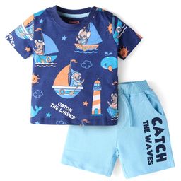 Babyhug Single Jersey Knit Half Sleeves Beach Theme T-Shirt & Shorts Set - Blue-image-81