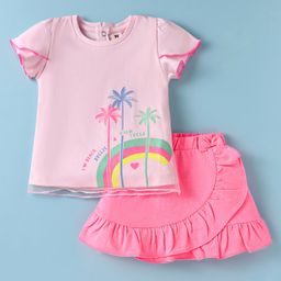 ToffyHouse Knitted Half Sleeves Top & Skirts Set Beach Theme Print - Pink-image-47
