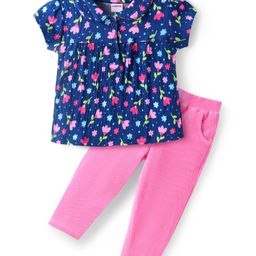 Babyhug Half Sleeves Knitted Crinkle Crepe Top & Corduroy Pant Set With Floral Print & Peter Pan Collar - Navy Blue & Pink-image-3