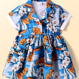 Babyhug Single Jersey Knit Half Sleeves Collared Frock with Floral Print - Blue-image-52