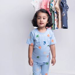 Orange Sugar 100% Cotton Knit Half Sleeves Fish & Turtle Printed Tee & Coordinating Shorts Set - Blue-picture-19
