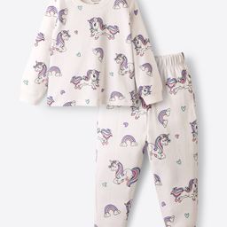 Bonfino 100% Cotton Knit Full Sleeves Co-ords Night Suit with Unicorn Print - White-image-65
