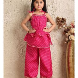 NEUDIS Cotton Blend Sleeveless Leheriya Printed & Lace Embellished Kurta Palazzo Set - Magenta-17