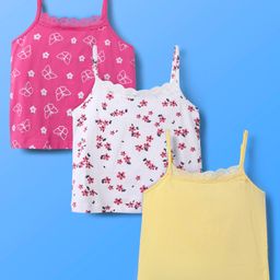 Honeyhap Premium Cotton Knit Singlet Sleeves Slips With Bio Finish Butterfly & Floral Print Pack Of 3 - Light Yellow Dark Pink & White-image-66
