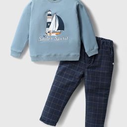 CUCUMBER Cotton Knit Full Sleeves T-Shirt & Checks Trouser Set With Boat Print - Light Blue-image-27
